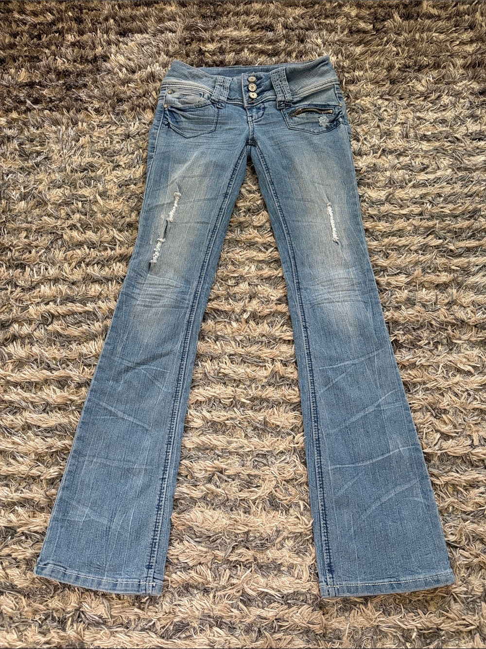 Light Blue Distressed Flare Jeans with Triple Button Waist